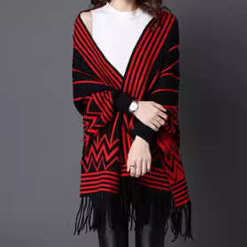 Striped Cashmere Jacquard Reversible Rebozo Shawl with Sleeves