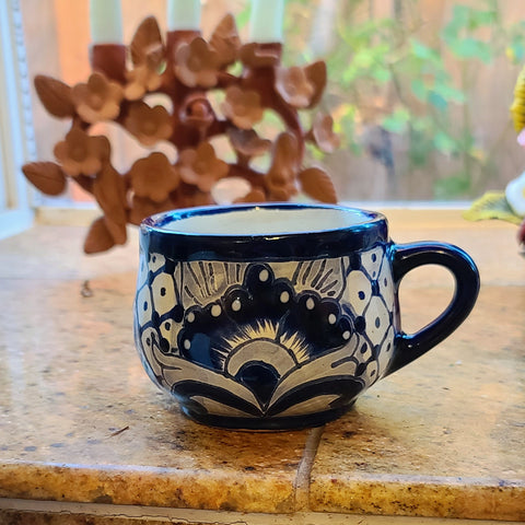 Talavera Blue & White Hand-Painted Clay 8 oz Mug - Set of 4