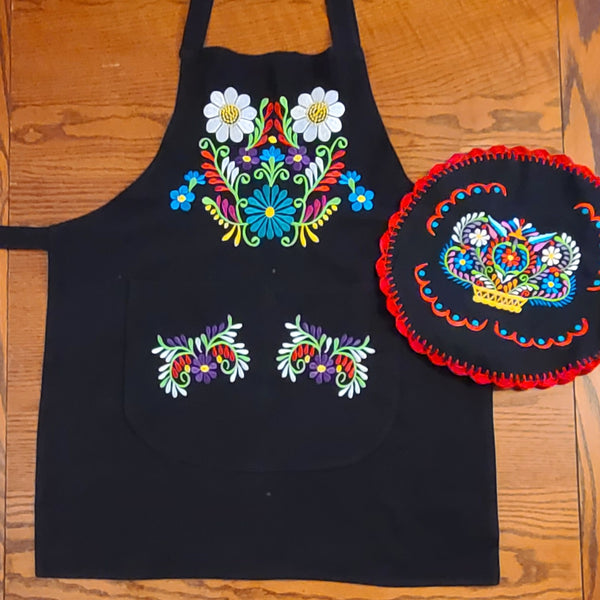 Flores de Mexico Embroidered Apron & Tortilla Holder