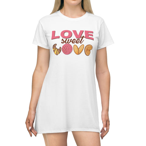 Love Sweet Love Pan Dulce Night Gown Lounger T-Shirt Dress (White)