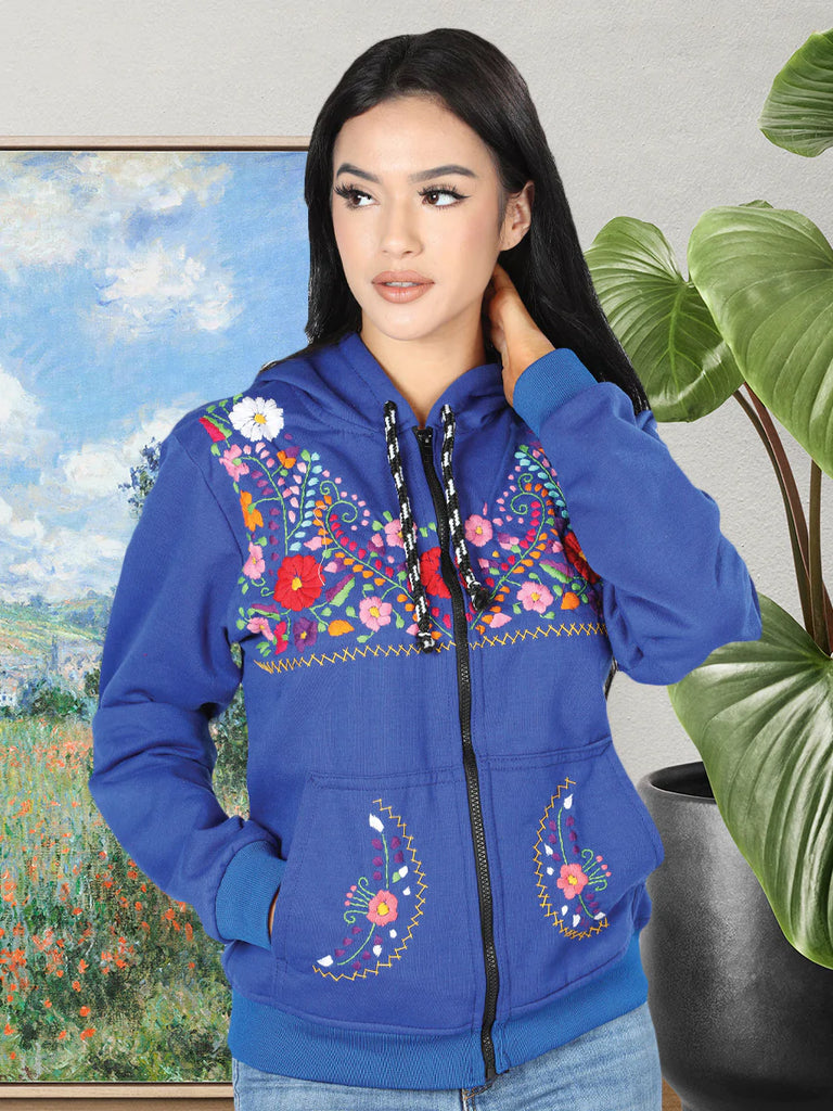 Mexican Flowers Hand Embroidered Zip Hoodie CasaQ
