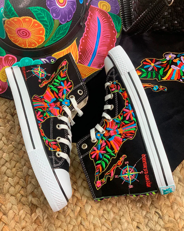 Mexican Otomi Art Embroidered Hi Top Sneakers Black
