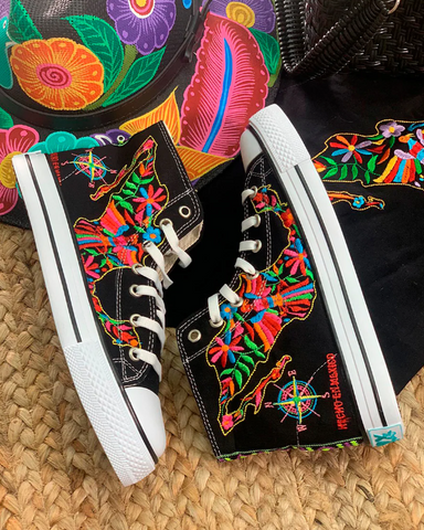 Mexican Otomi Art Embroidered Hi-Top Sneakers (Black)