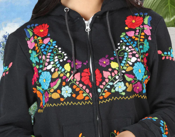 Mexican Flowers Hand-Embroidered Zip Hoodie